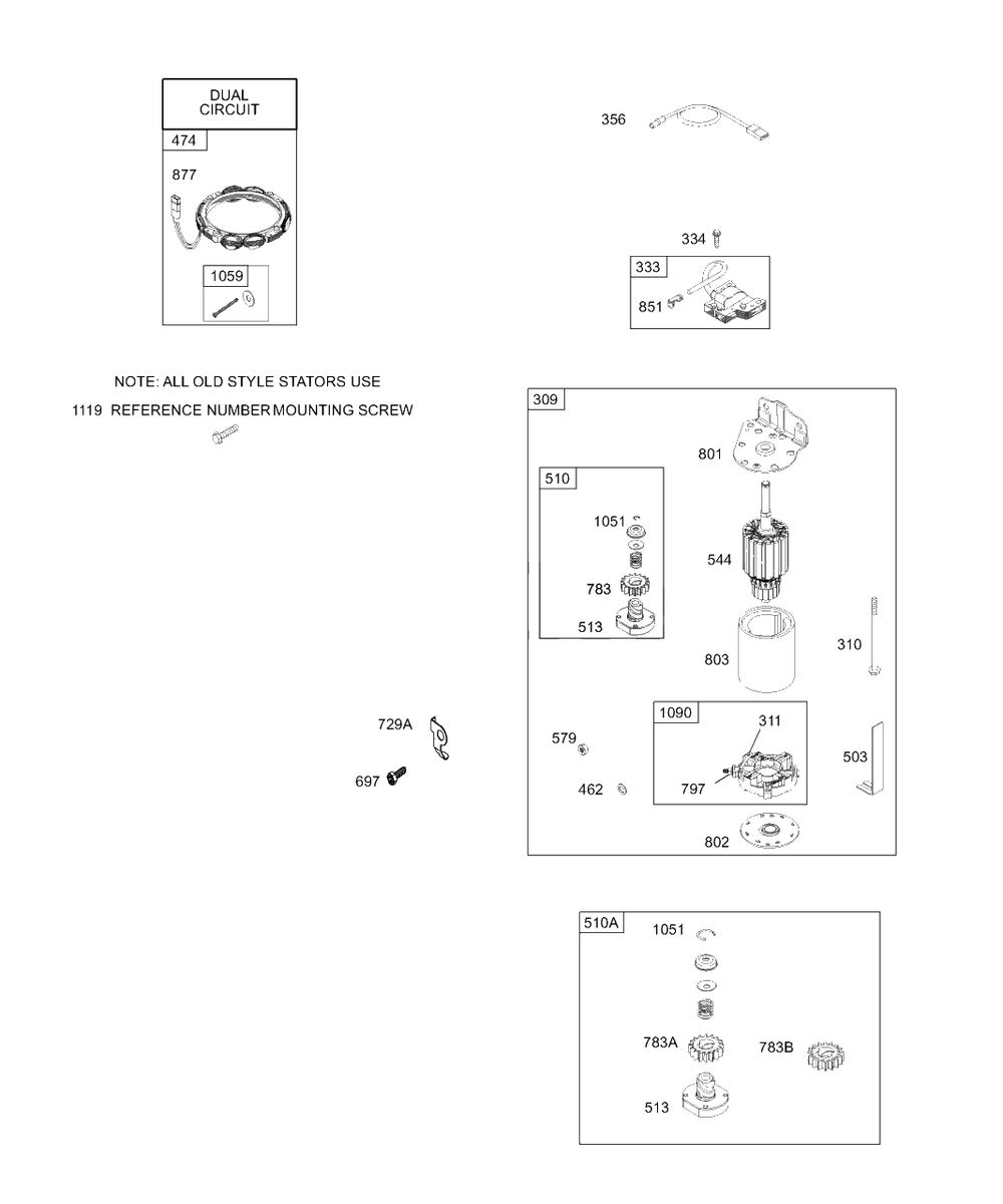 Electric Starter, Alternator Diagram and Parts List for 28W707-0122-XX  Briggs and Stratton Engine